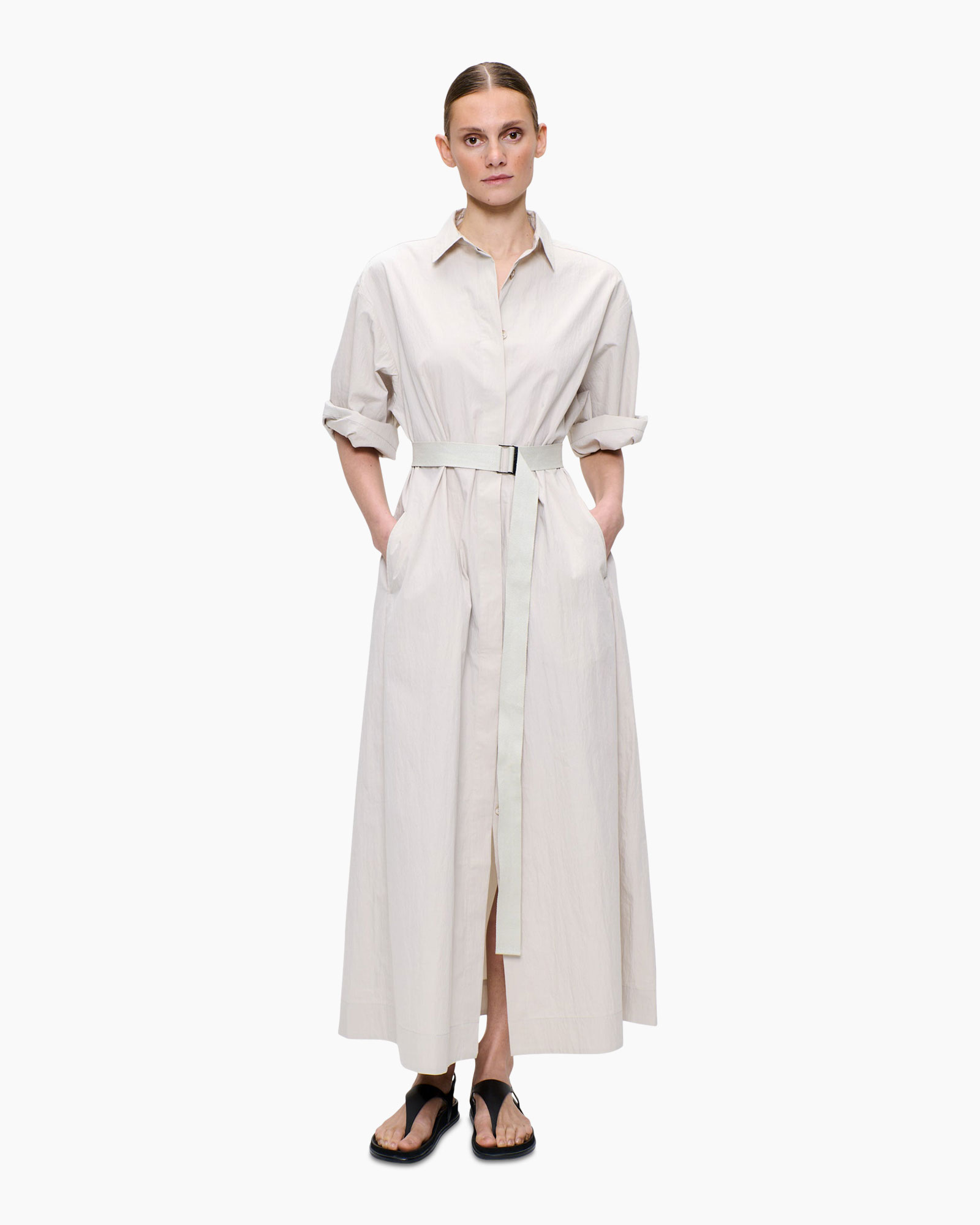 shirt dress, belted dress, long dress, beige, rolled-up sleeves