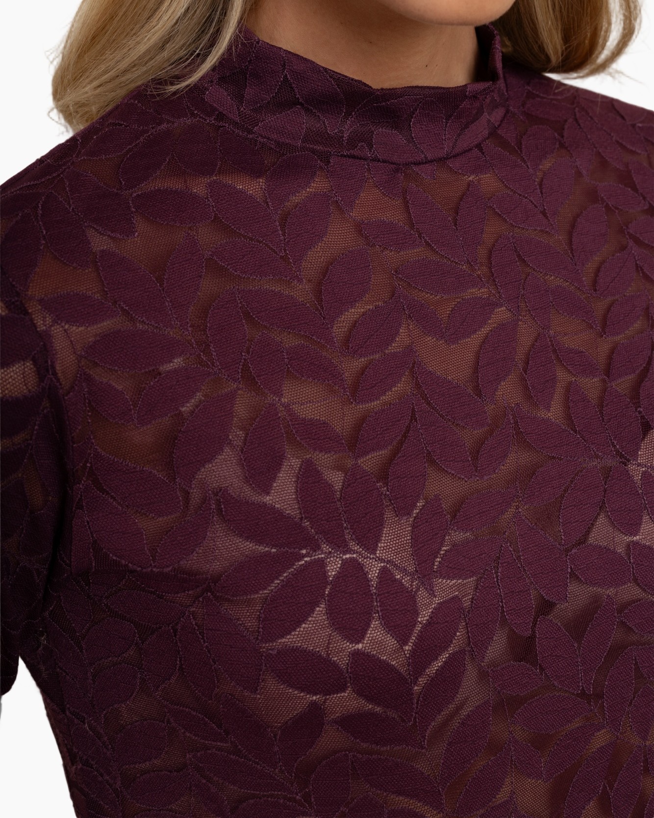 kant, bladpatroon, burgundy, turtleneck, doorschijnend