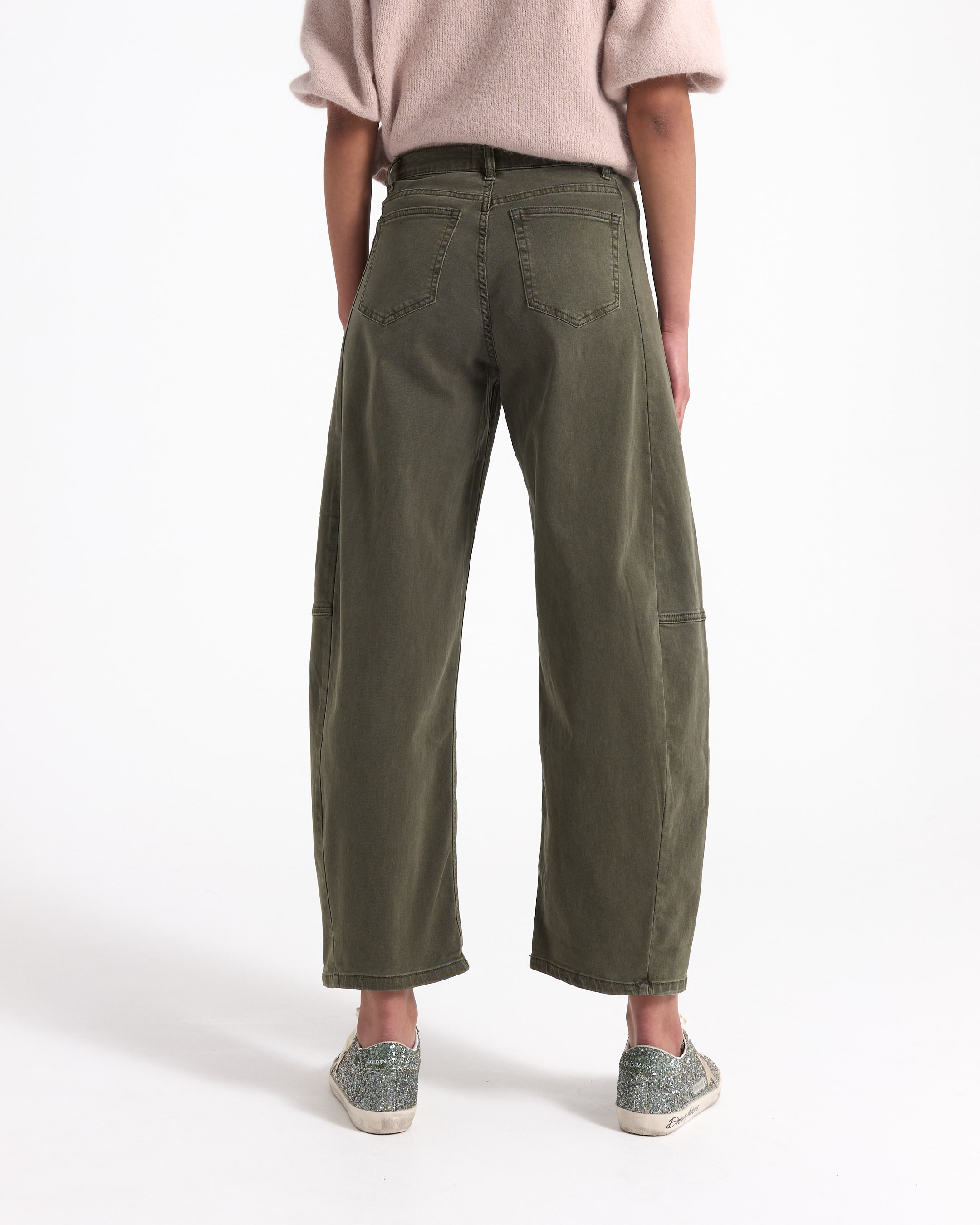 pants, wide-leg, olive, cotton, back pockets