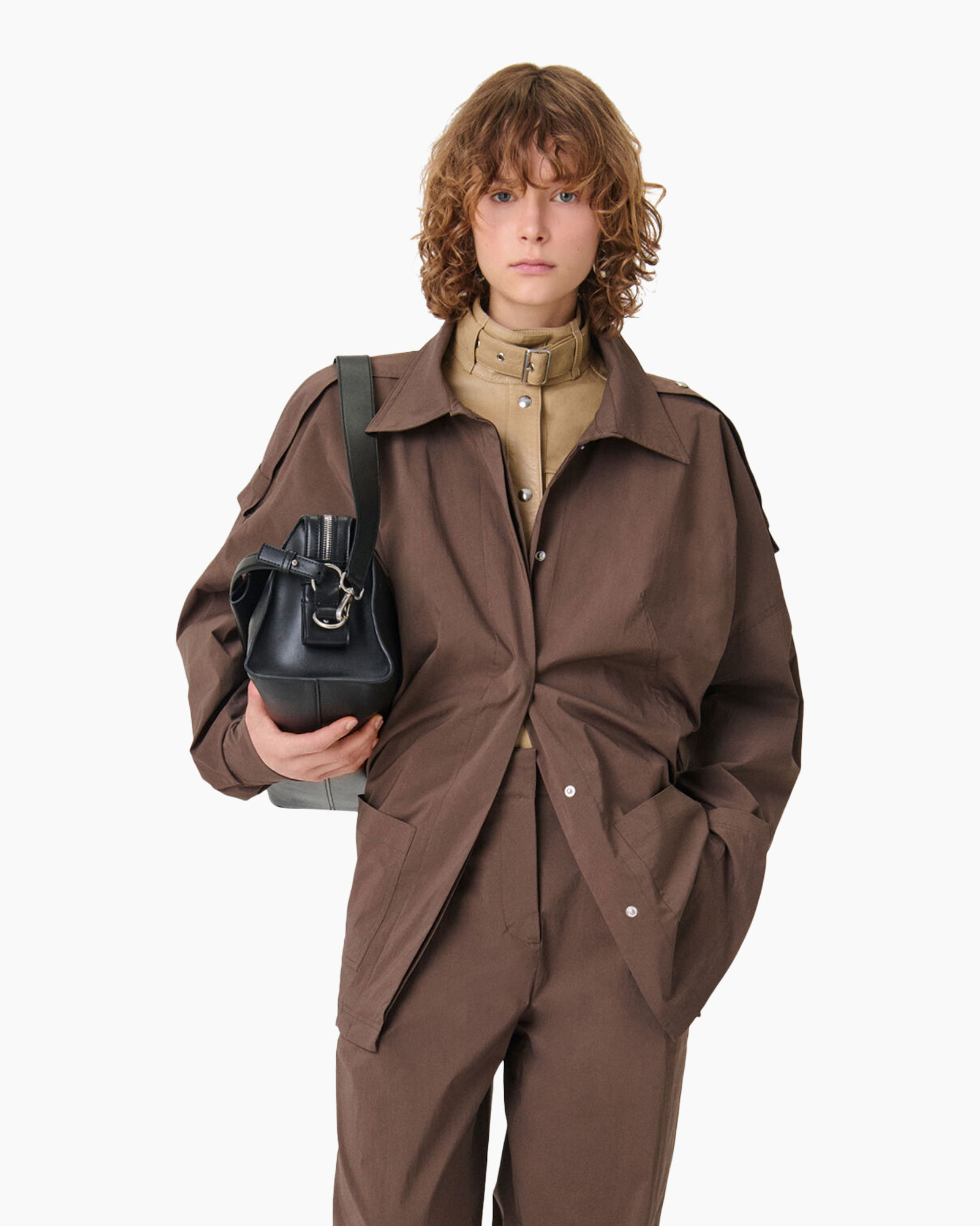 jas, bruin, kargo broek, riemkraag, handtas