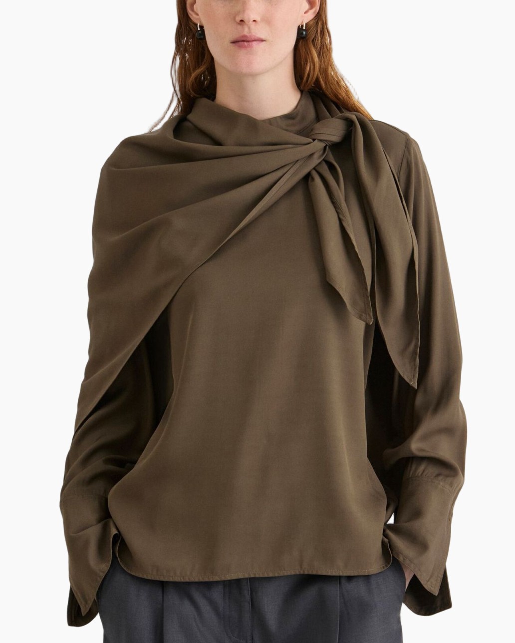 blouse, langarm, eengekleurig, bruin, sjaaldetail