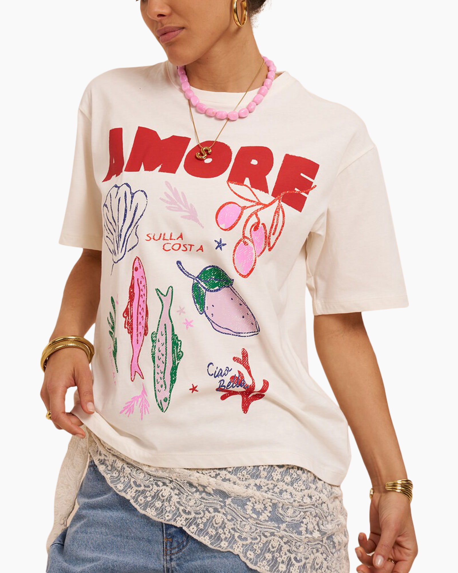 t-shirt, graphiëte, korte mouwen, crème, strandprint