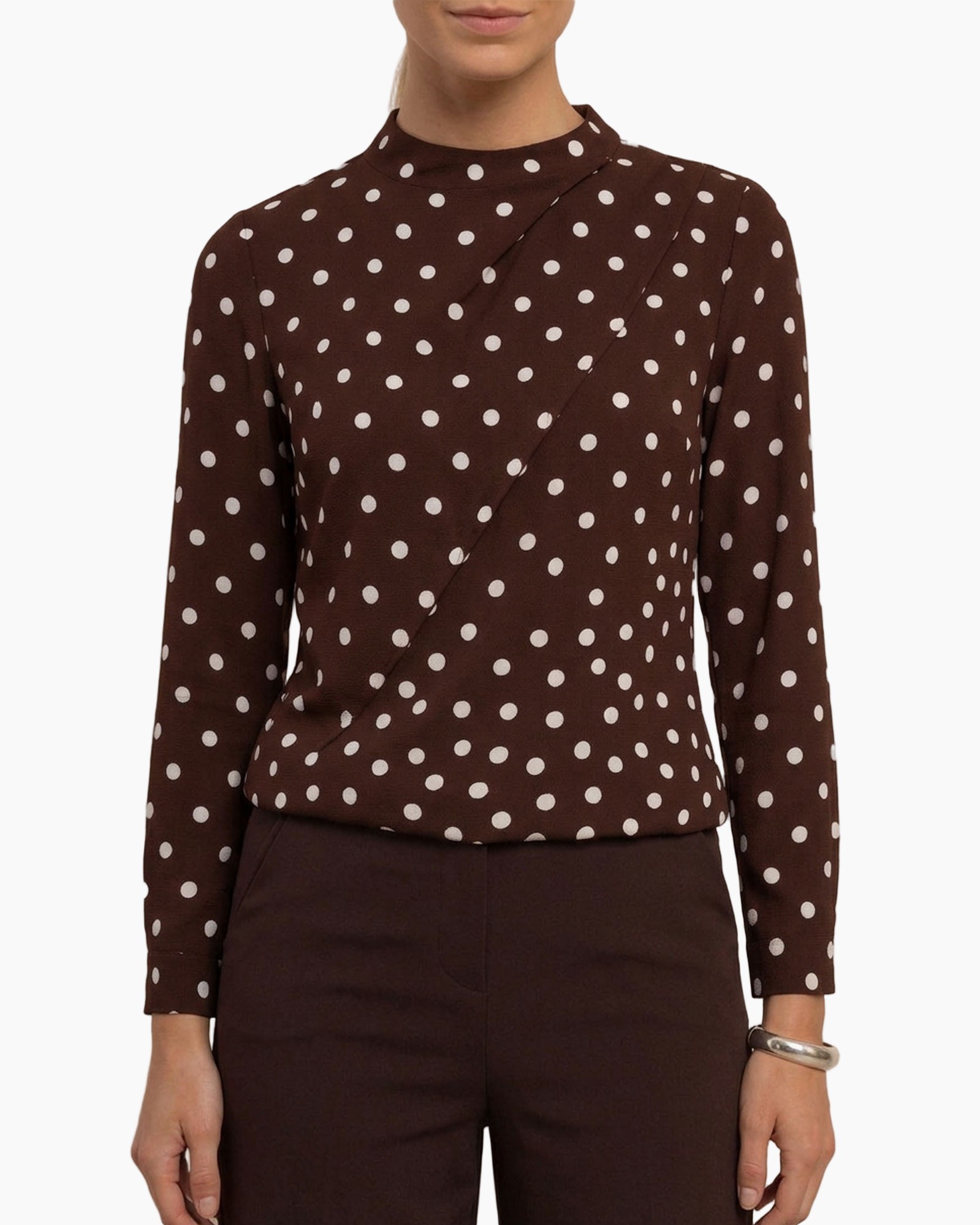 damesblouse, lange mouwen, stippen, bruin, hoge hals
