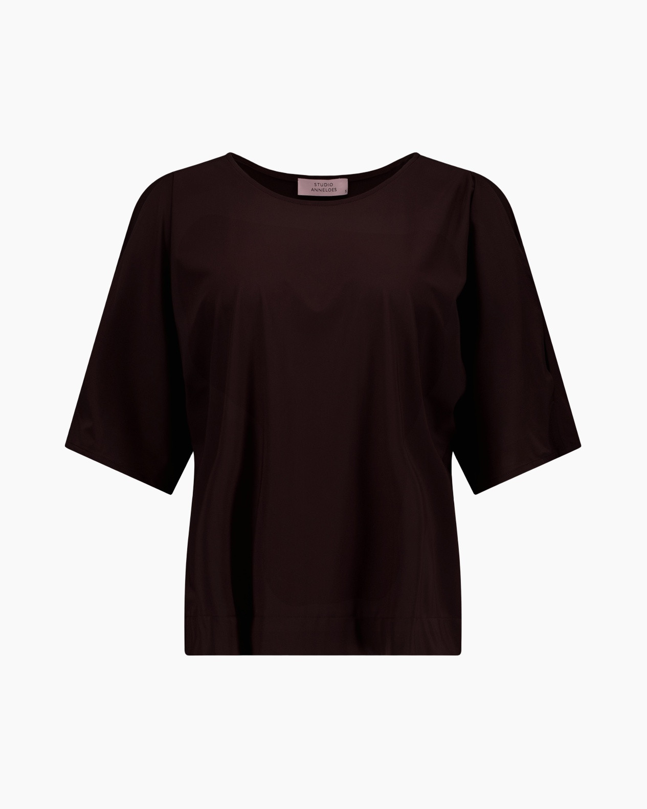 top, blouse, kortmouw, donkebruin, eenvoudig