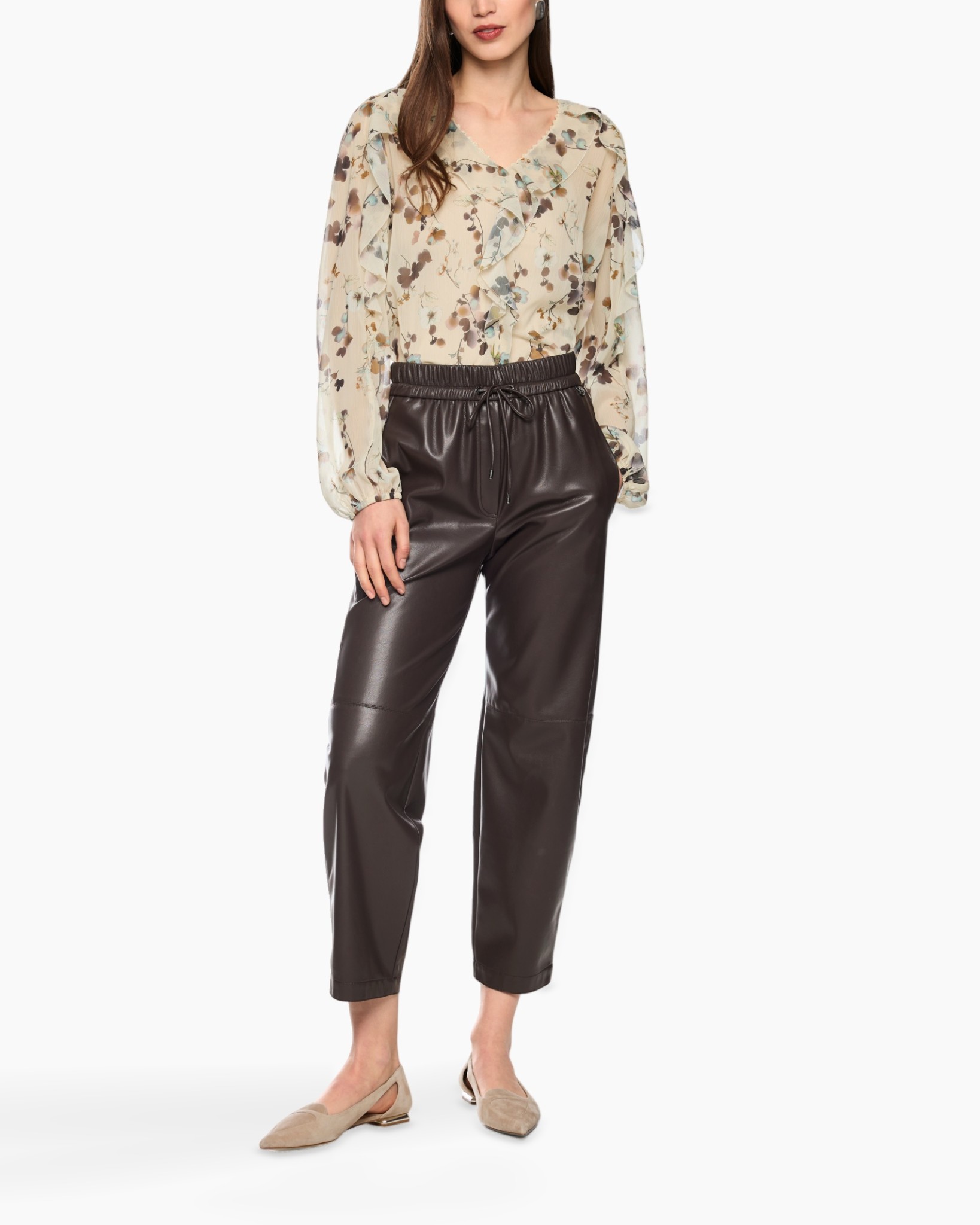 blouse, floral, sheer, lange mouwen, broek