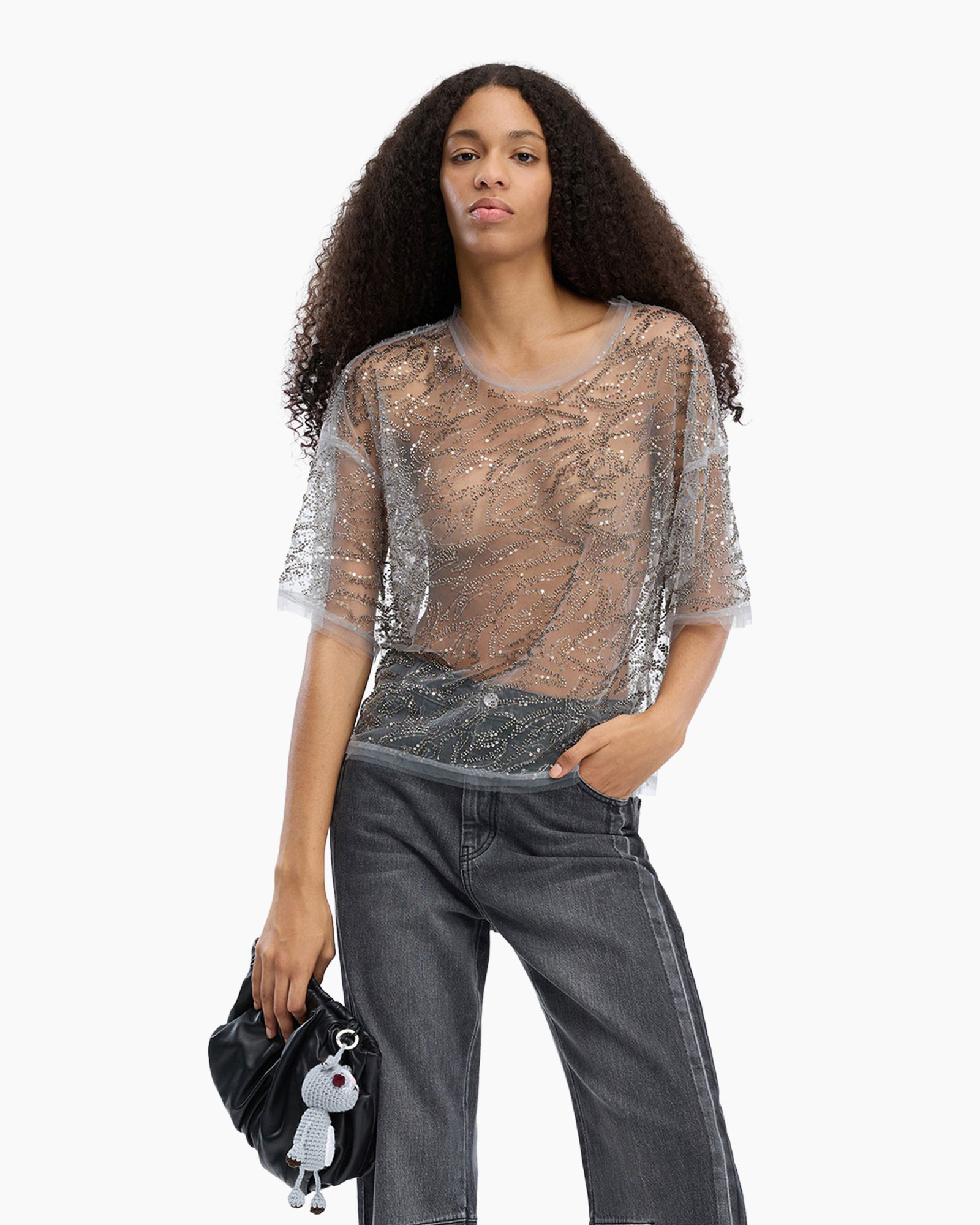 top met mesh, sequin top, zilver top, korte mouw, doorzichtige
