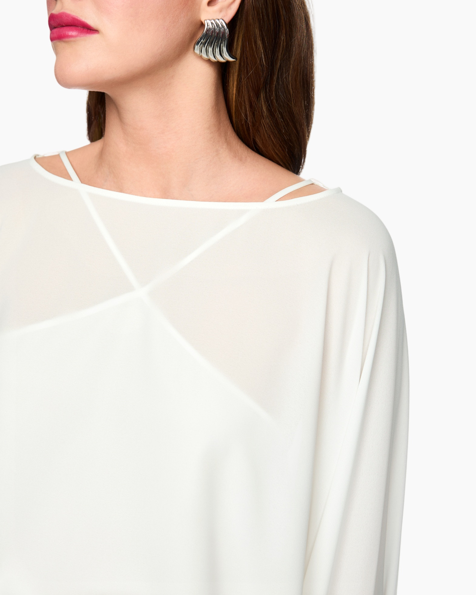 white top, sheer blouse, shoulder neckline, long sleeve, earrings