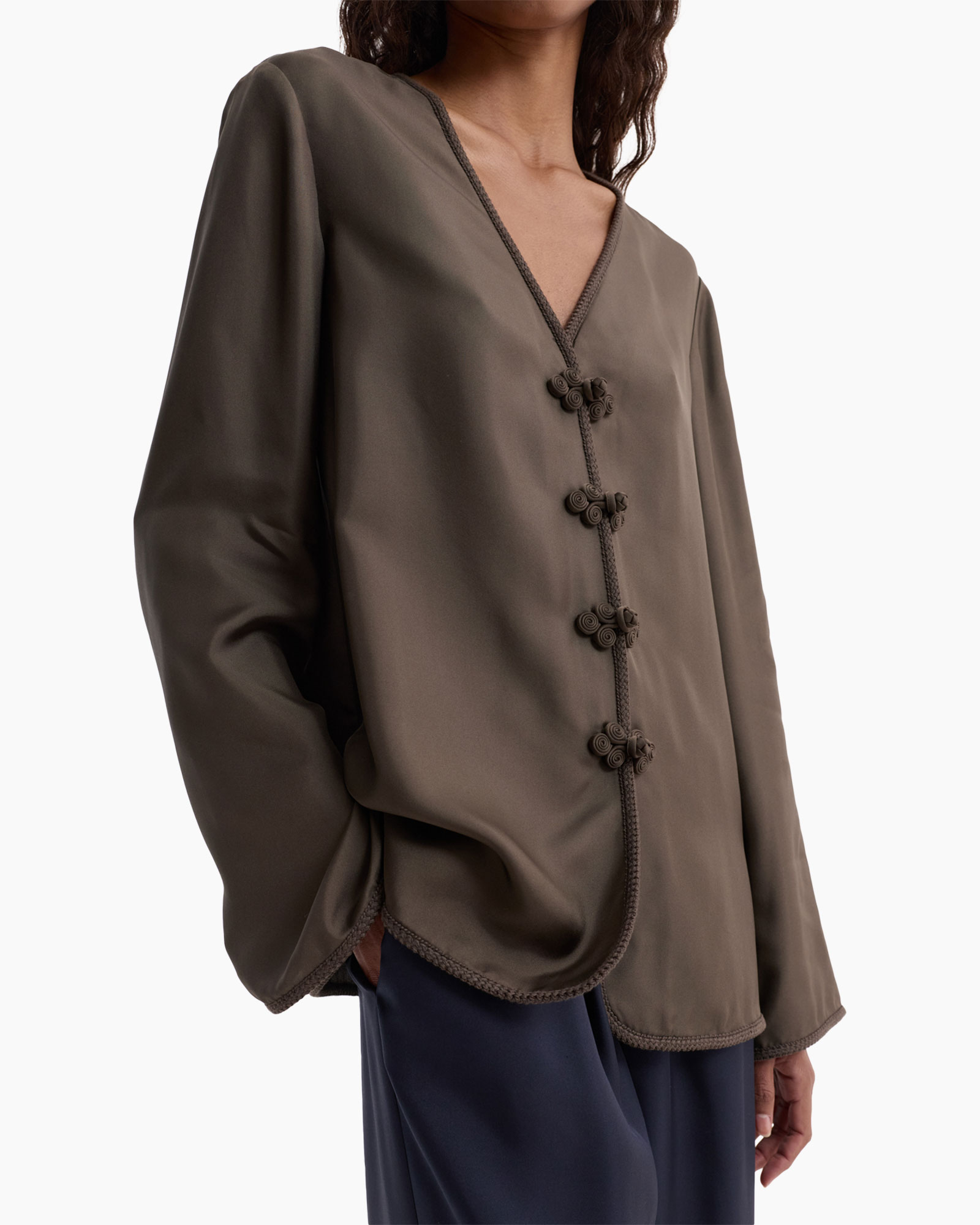 top,  blouse, knopen, langemouw, v-hals