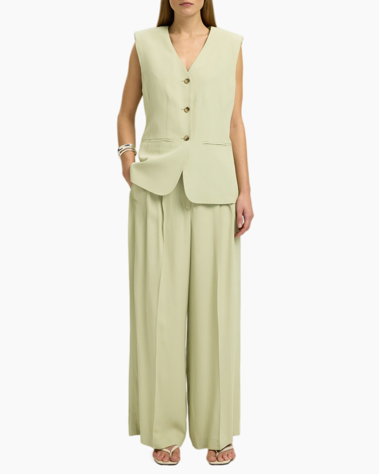 vest, zonder mouwen, gevoerd, tweedelige set, wijdvallende broek