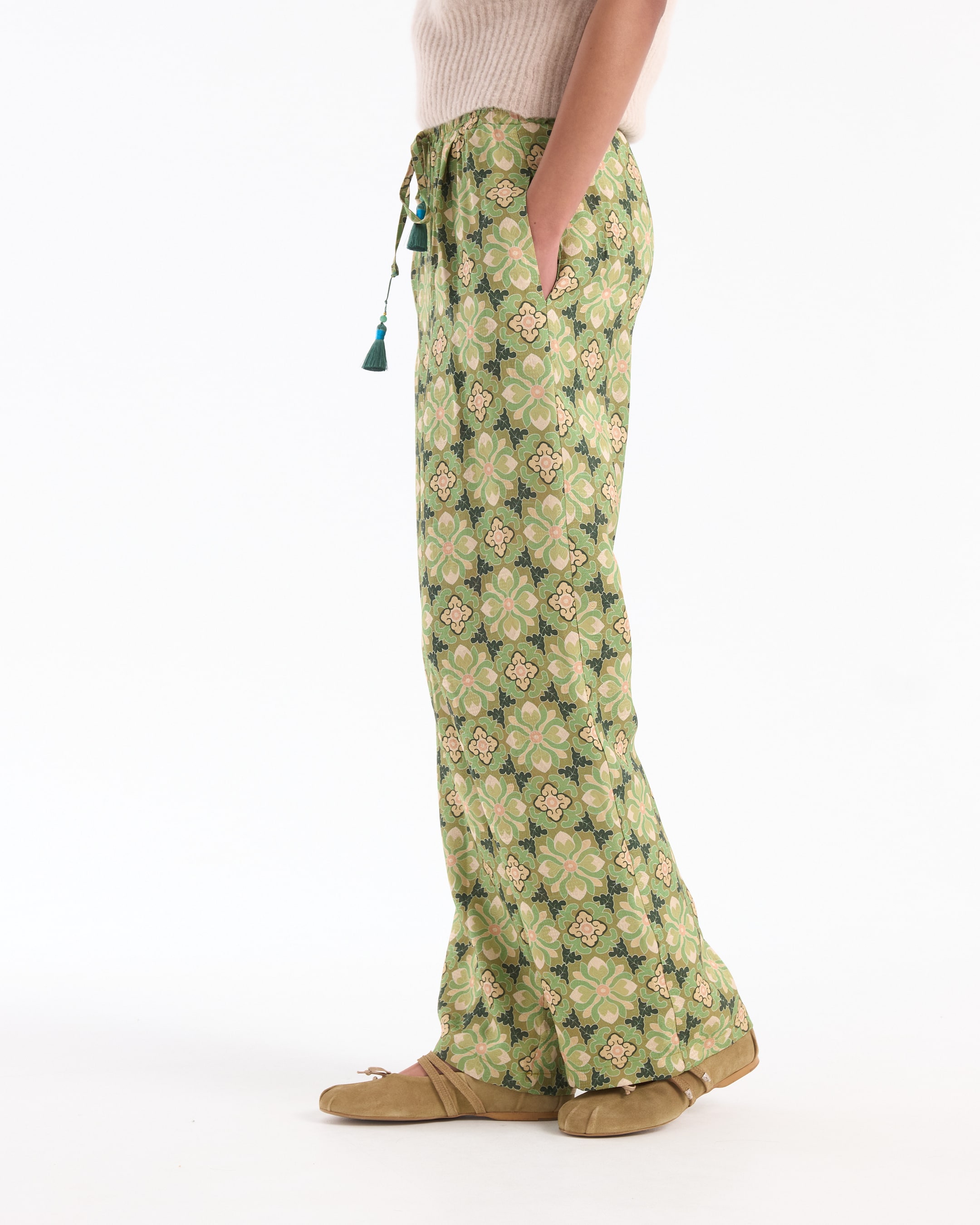 pants, floral pattern, drawstring, wide leg, green