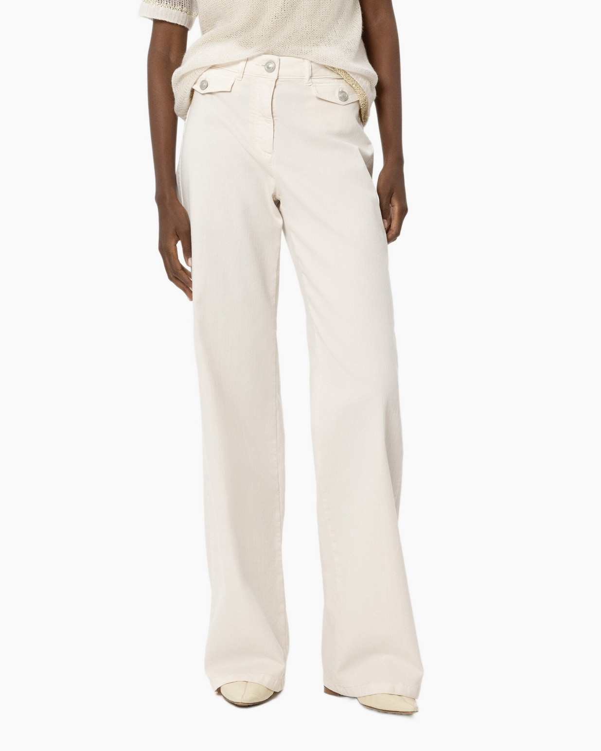 wide-leg pants, cream color, high-waist, front pockets, buttoned waist