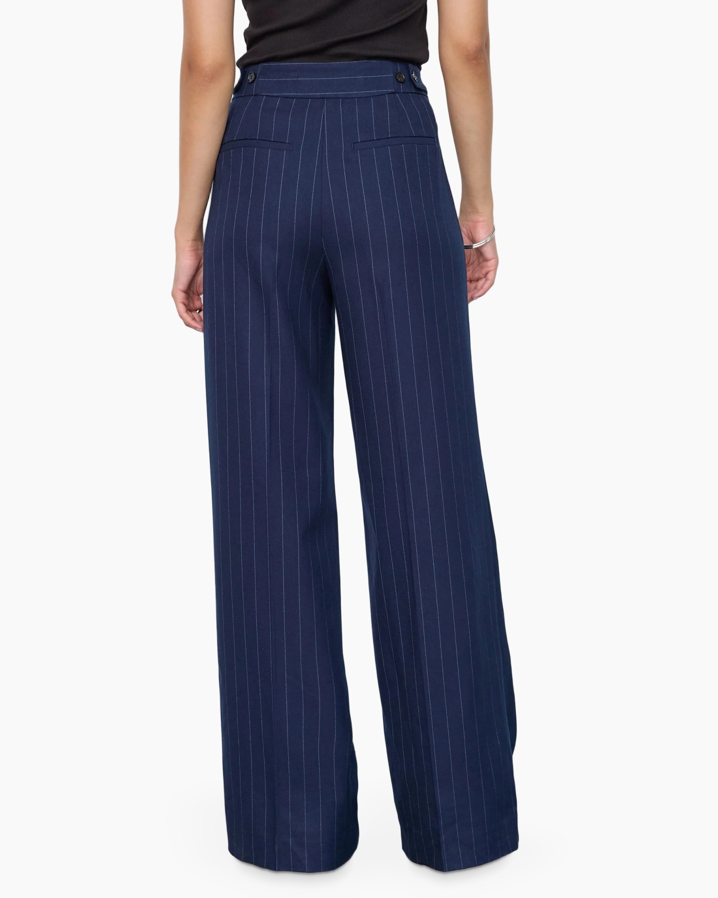 Pantalon à jambes larges, Bleu marine, À fines rayures, Taille haute, Passants de ceinture