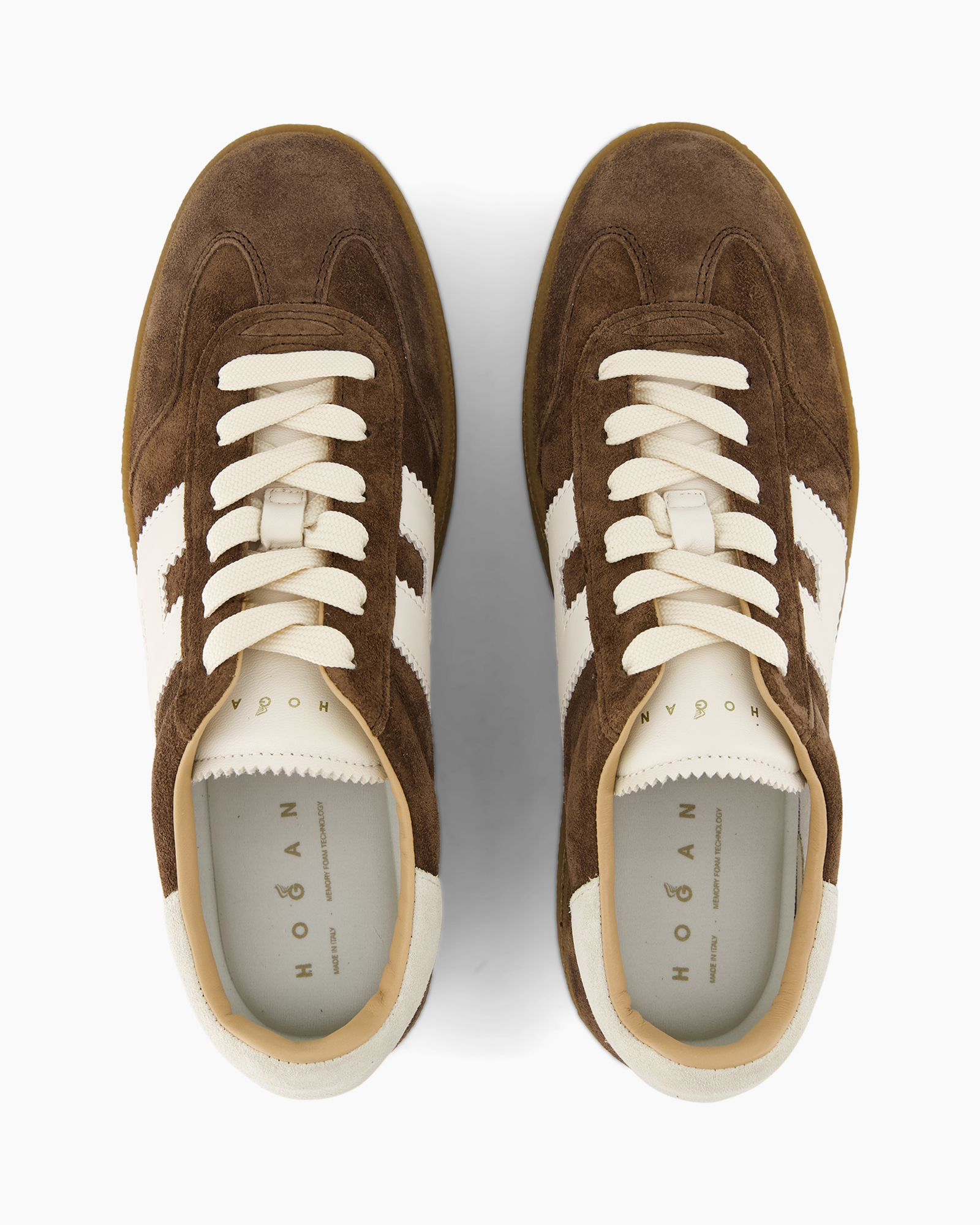 sneakers, bruin, suede, witte strepen, veters