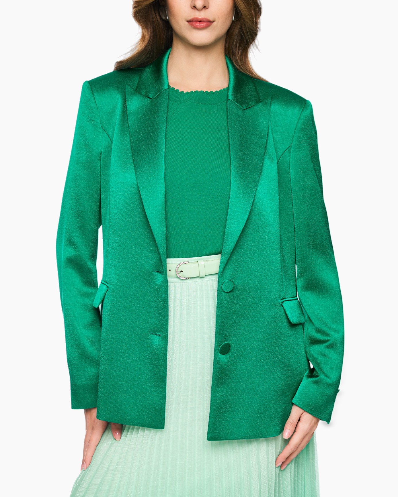 groene blazer, dames blazer, effen kleur, inkeping notches, een-knop keur