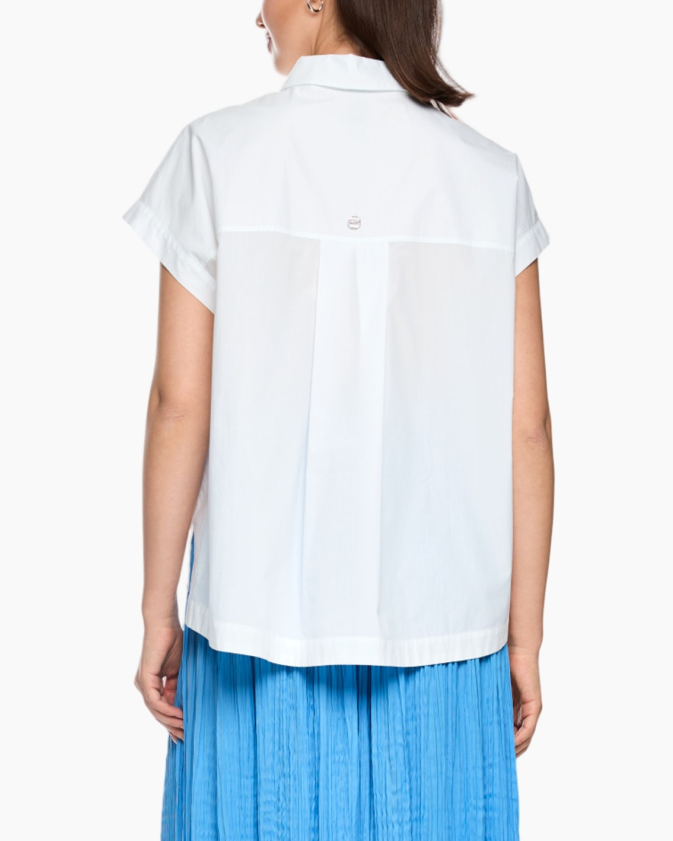 wit blouse, sailing print, korte mouwen, knopen voorzijde, blauwe rok