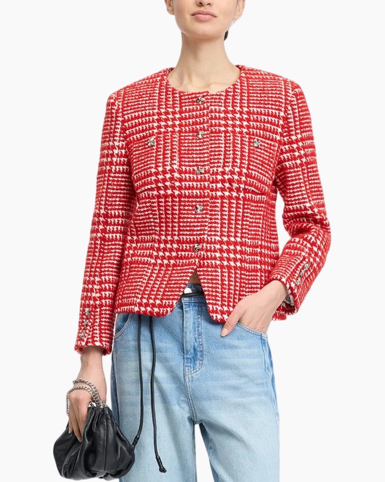 rood jasje, tweed, ruitpatroon, lange mouwen, knoopsluiting