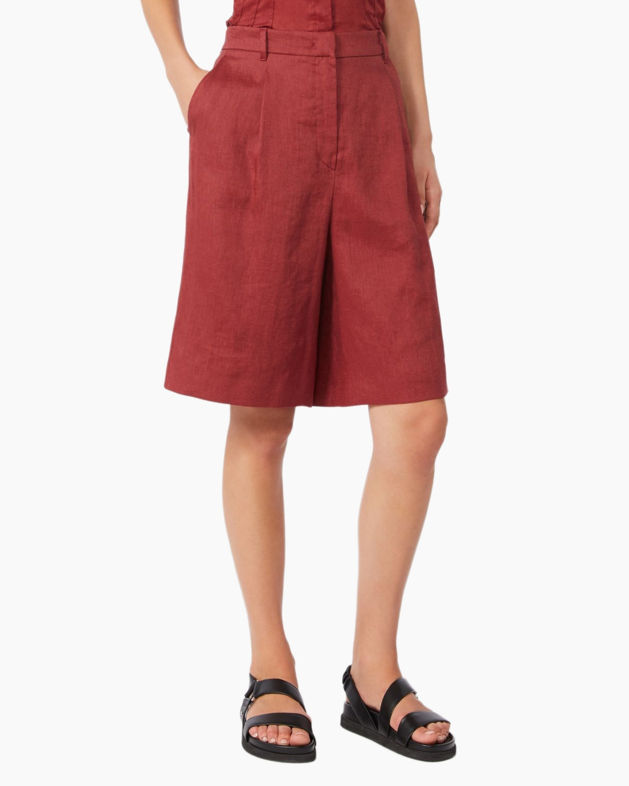 broek, linnen, rood, knielengte, talie