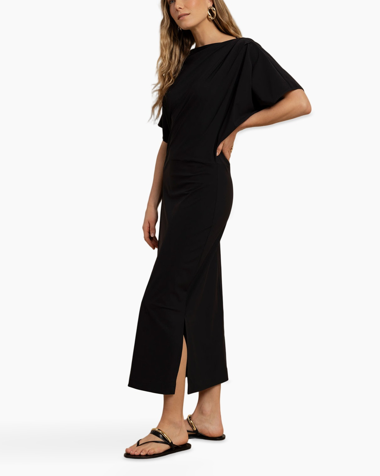 jurk, zwart, lange jurk, mouwdetail, maxi