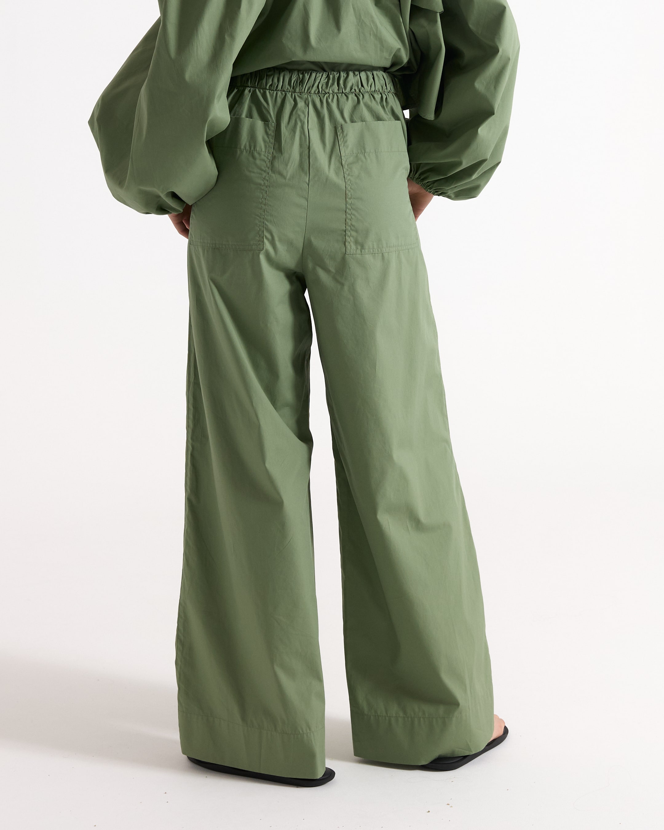 groen, broeken, wijdelijndi, achterkant, elastische- taille