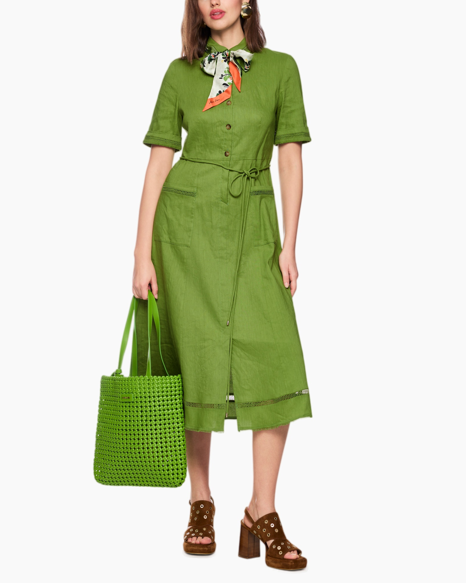 jurk, linnen, groen, midi, riemop