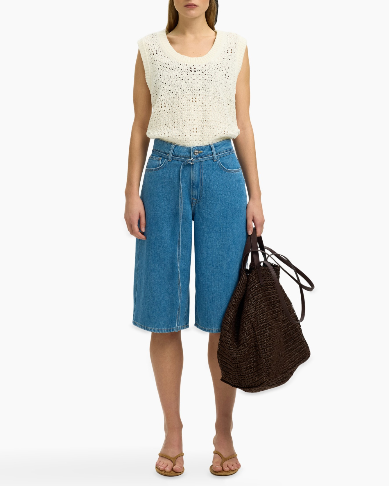 kleding-top, brei, zondermouwen, denim-broekshort, tas