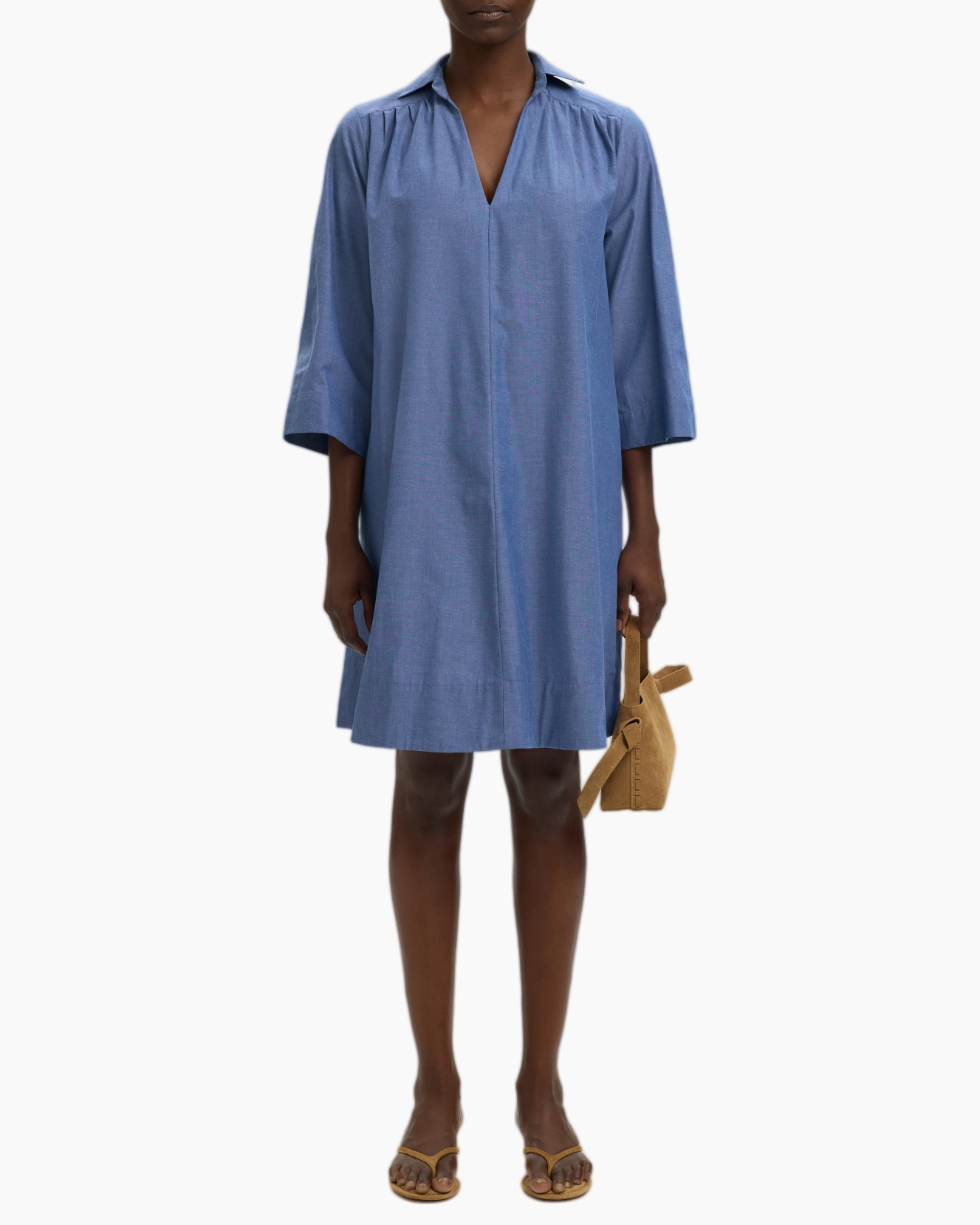 jurk, overhemdjurk, blauw, driekwartmouw, knie-lengte