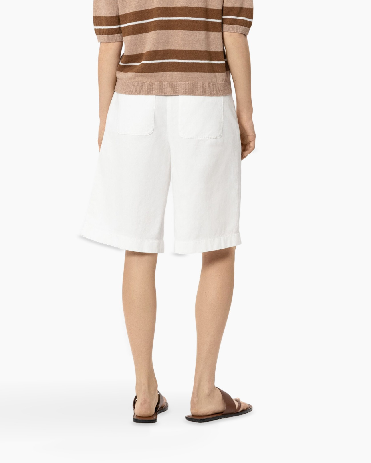 shorts, white, knee-length, linen-like, belted