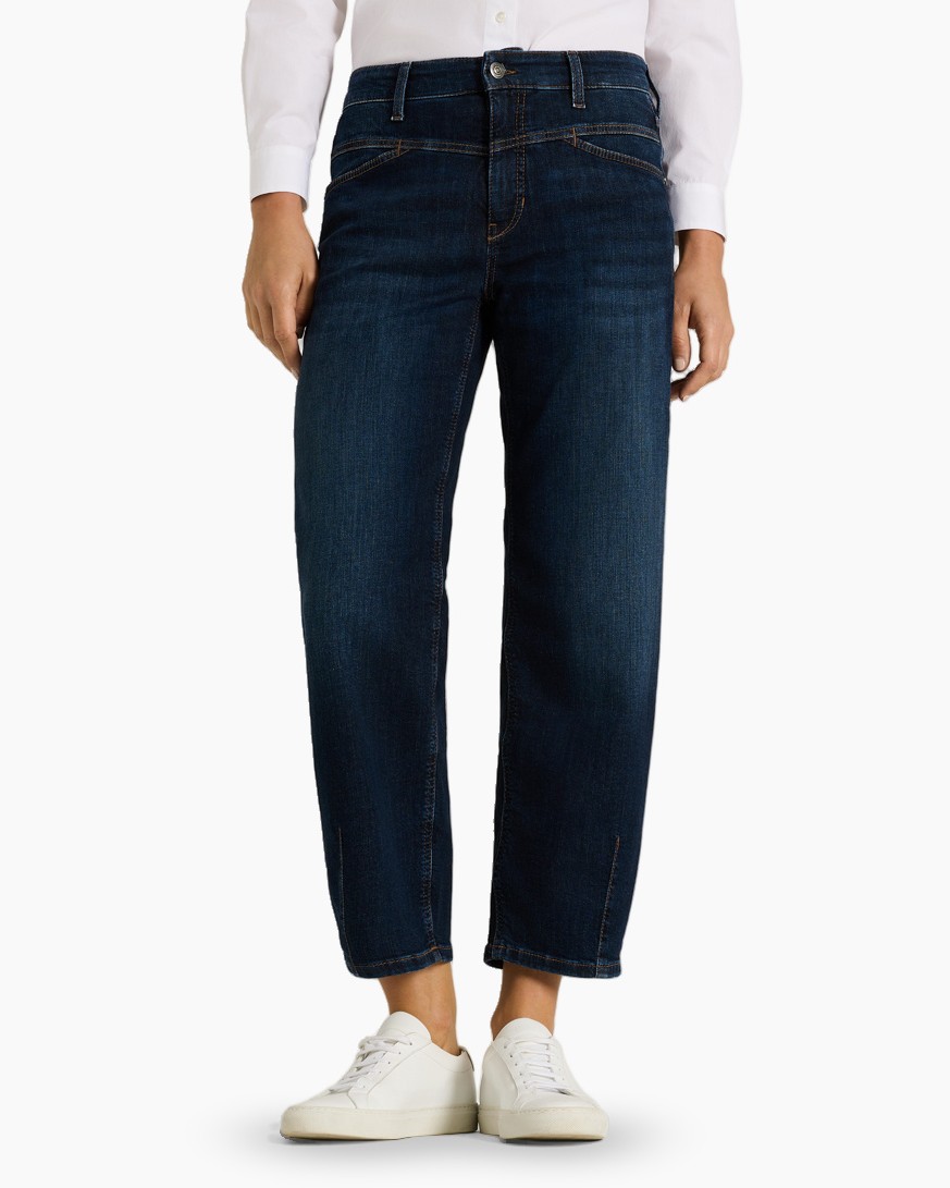 broeken, denim, recht model, middelhoge taille, blauw- donker