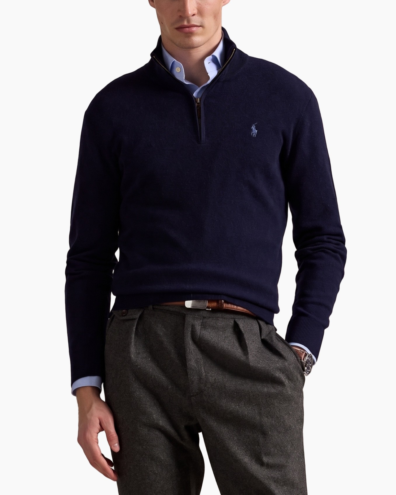 navy trui, halve-rits, pullover, breipullover, lange mouw