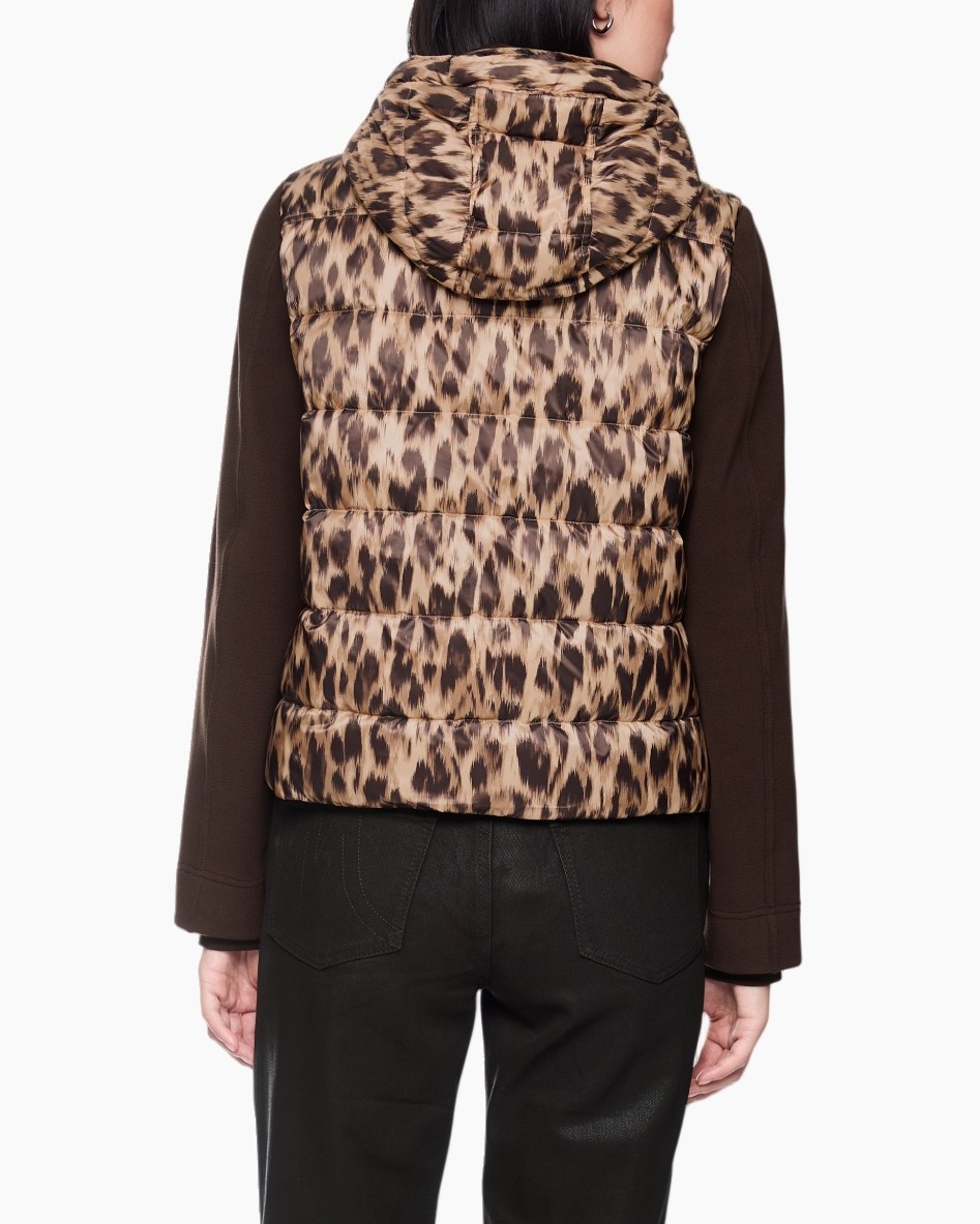 body warmer, luipaardprint, rits, mouwloze?, outerwear