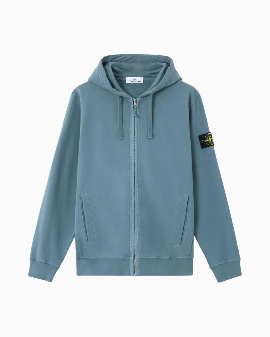 hoodie, rits, voorzakken, blauw, logo patch