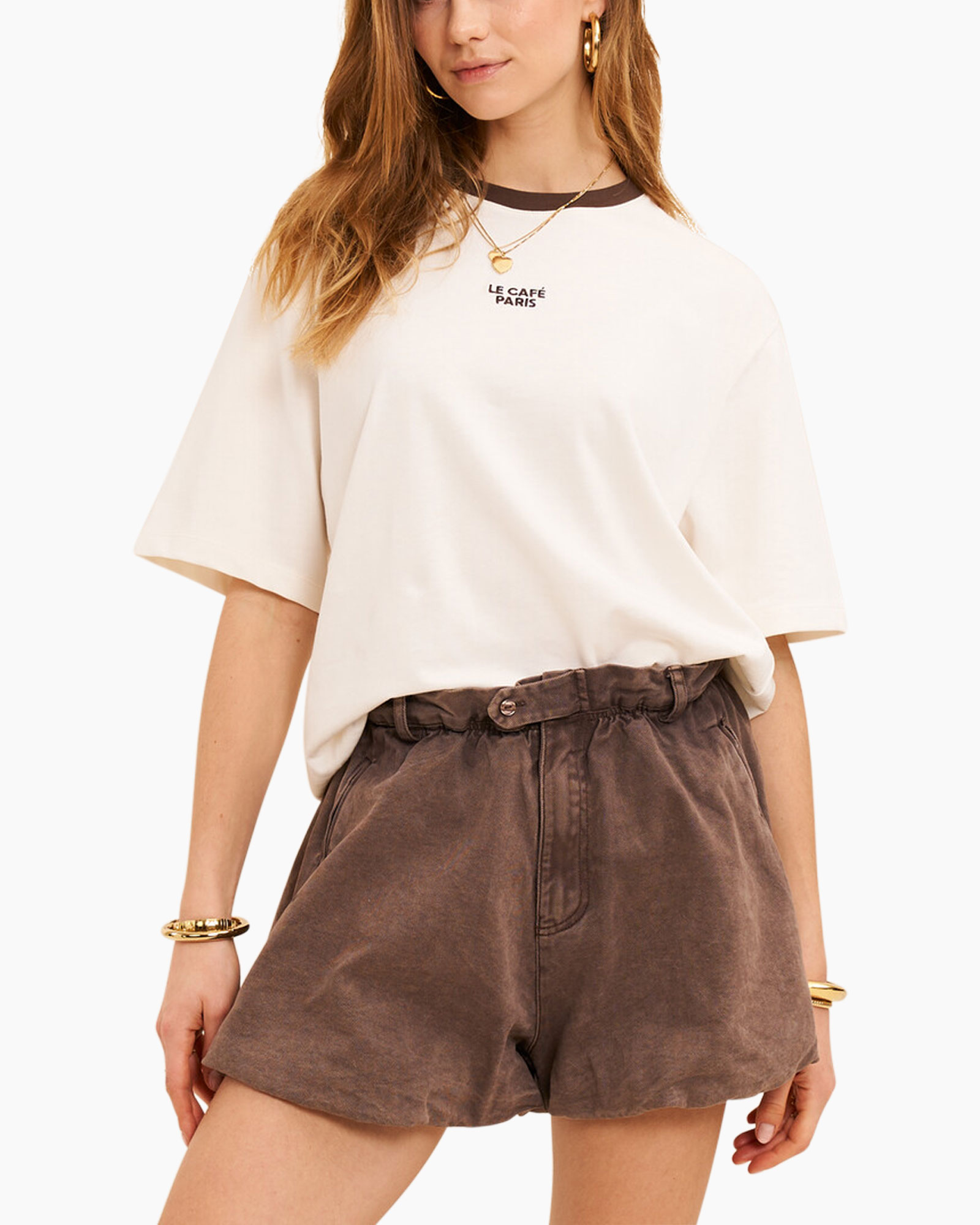 t-shirt, shorts, beige, round-neck, casual