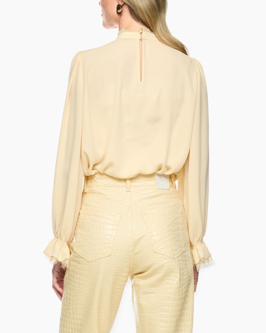 blouse, rimpelrand, hoge kraag, pofmouw, crepe-stof