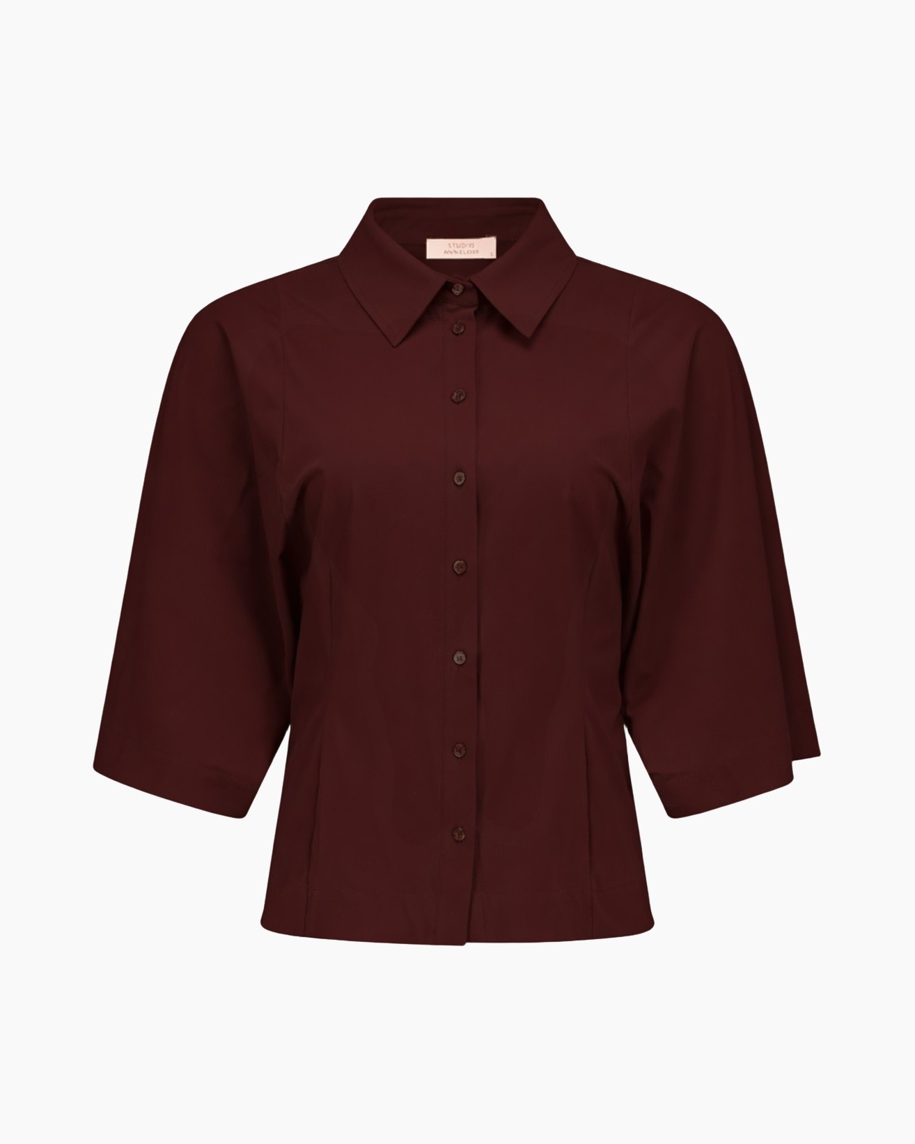 knopen, kraag, korte mouw, bordeauxrood, top