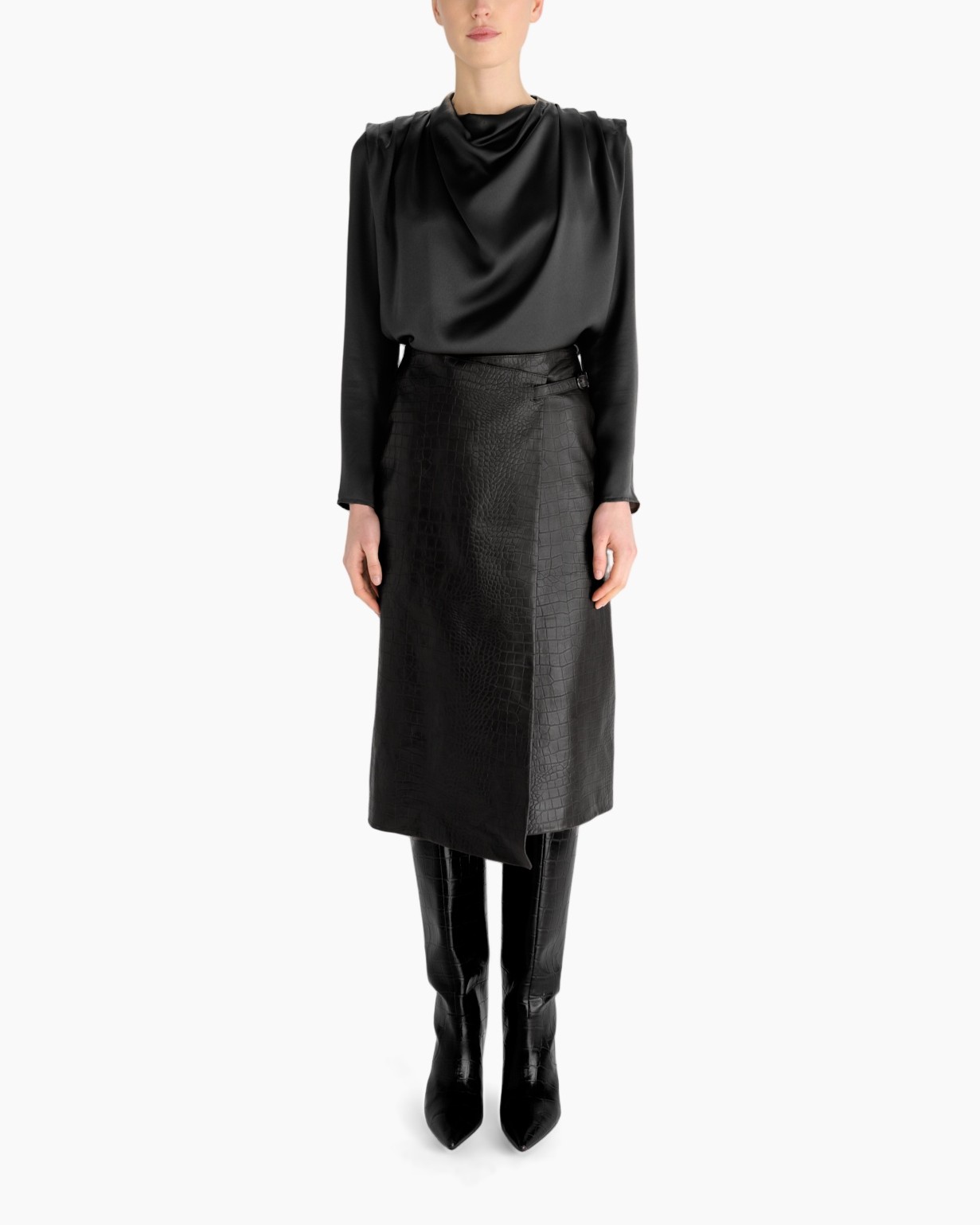 rok, knee-length, leer, krokodillenhuid patroon, zwart