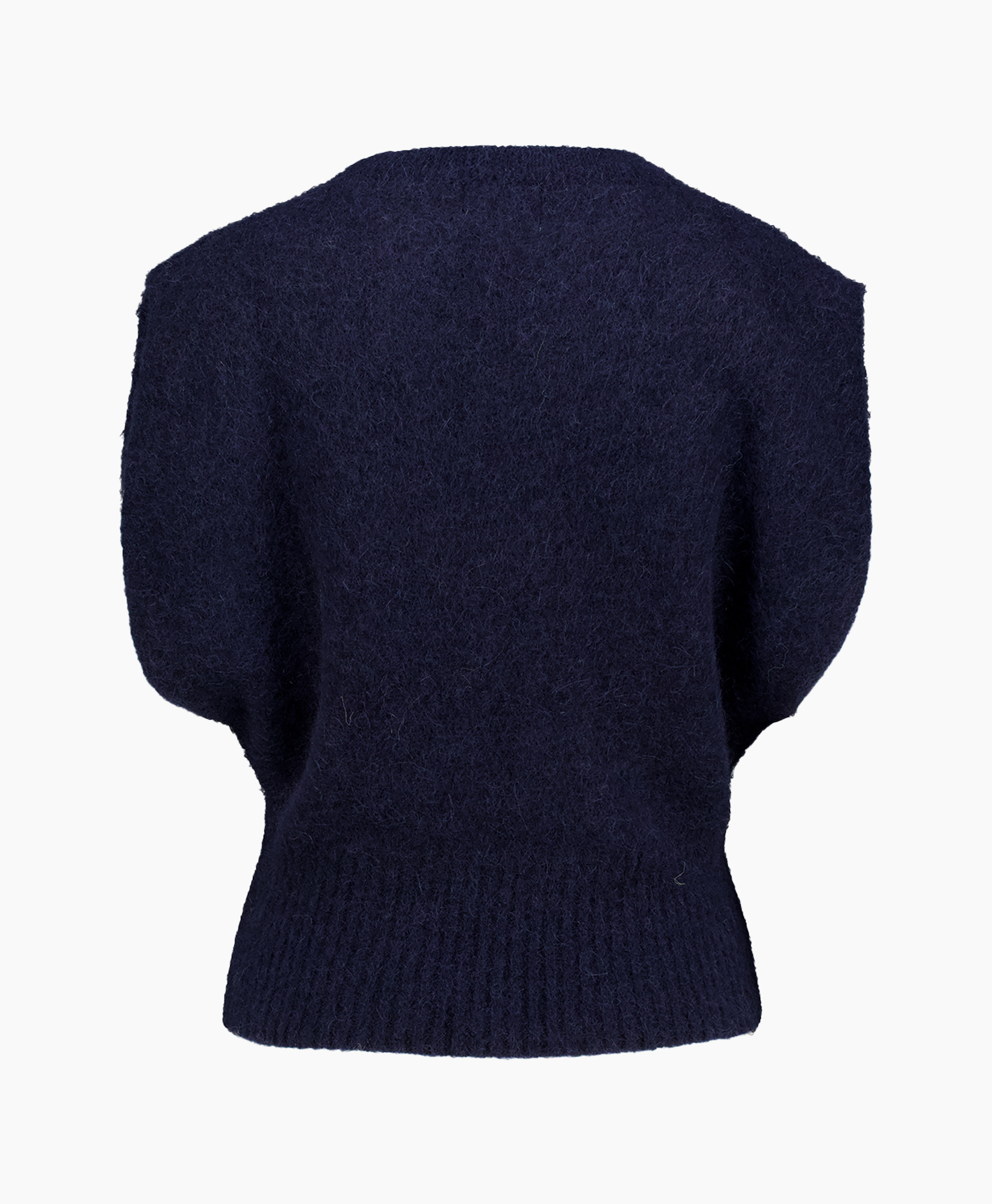 gebreide trui, marineblauw, dikke brei, korte mouw, rondes hals