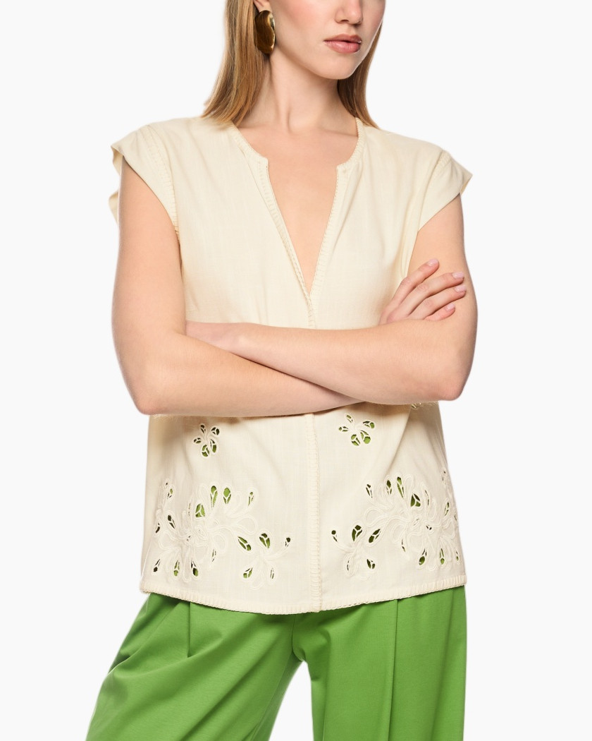 blouse, borduurrwerk, eyelet, mouwloos, beige