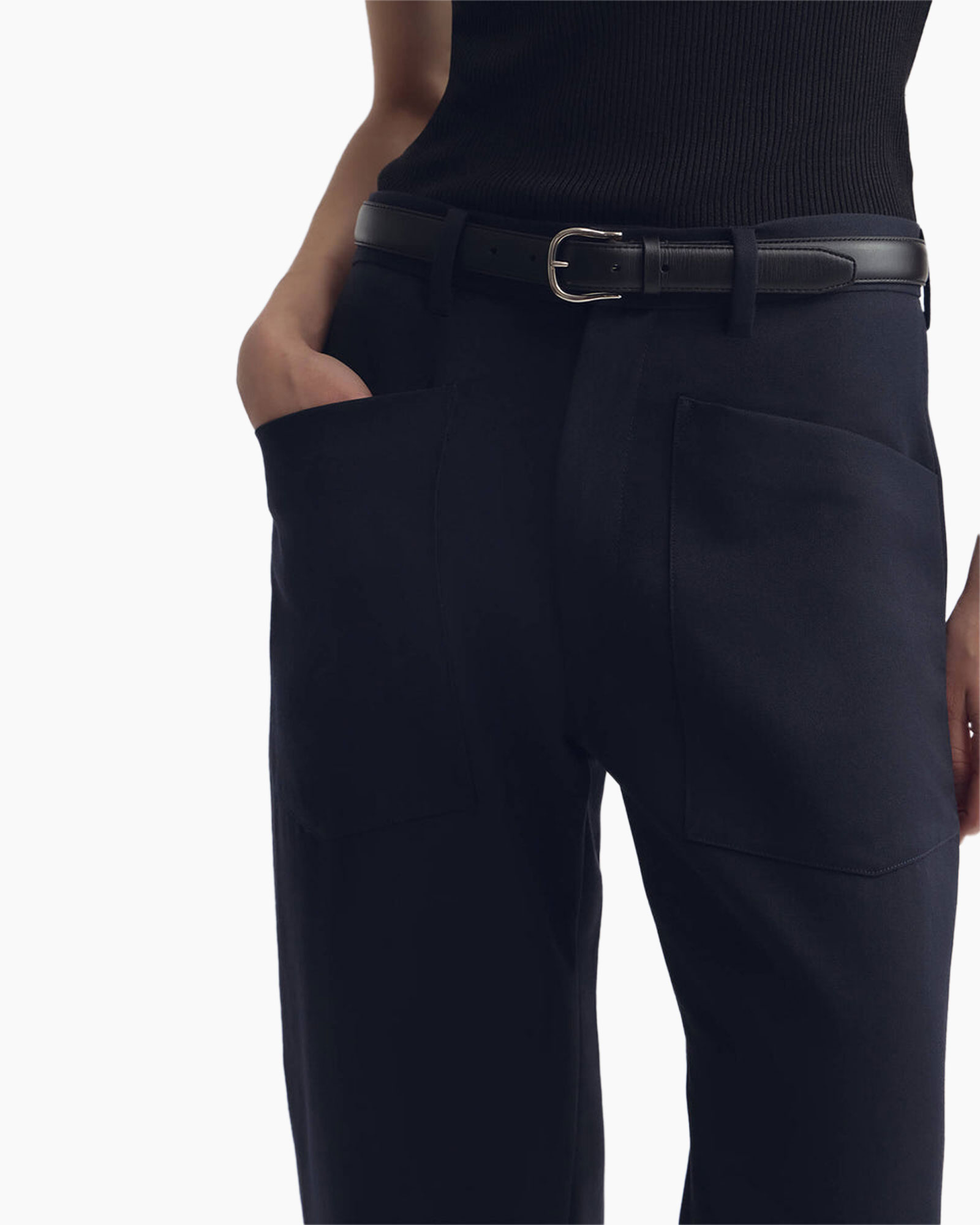 broeken, getailleerd, zakken, zwart, riem