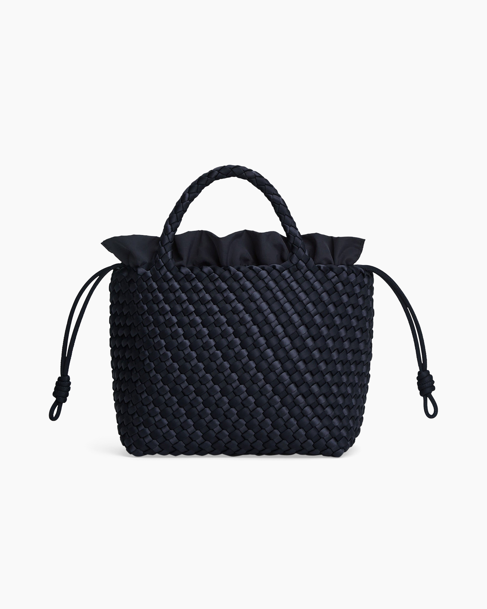 gewoven tas, brede tas, trekkoord, marineblauw, kleine handtas