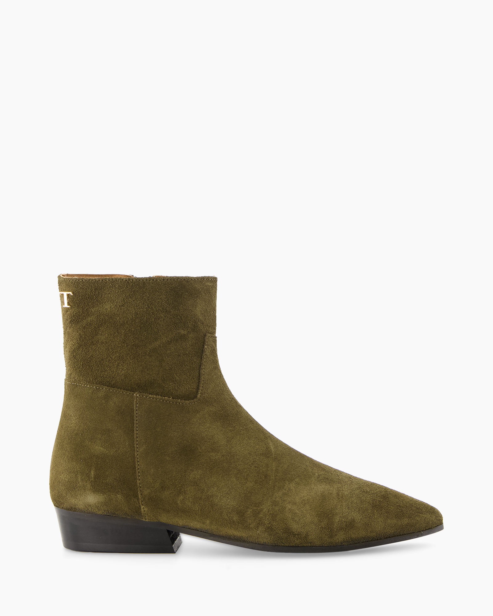 enkellaars, suede, olijfgroen, lage hak,  slip-on