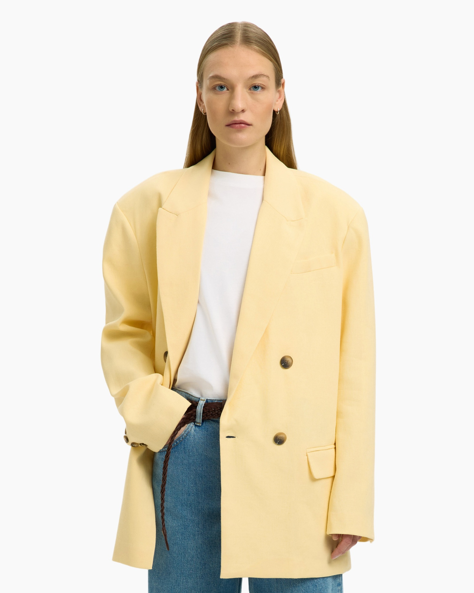 blazer, oversized, dubbele rij, zachte geel, zakken