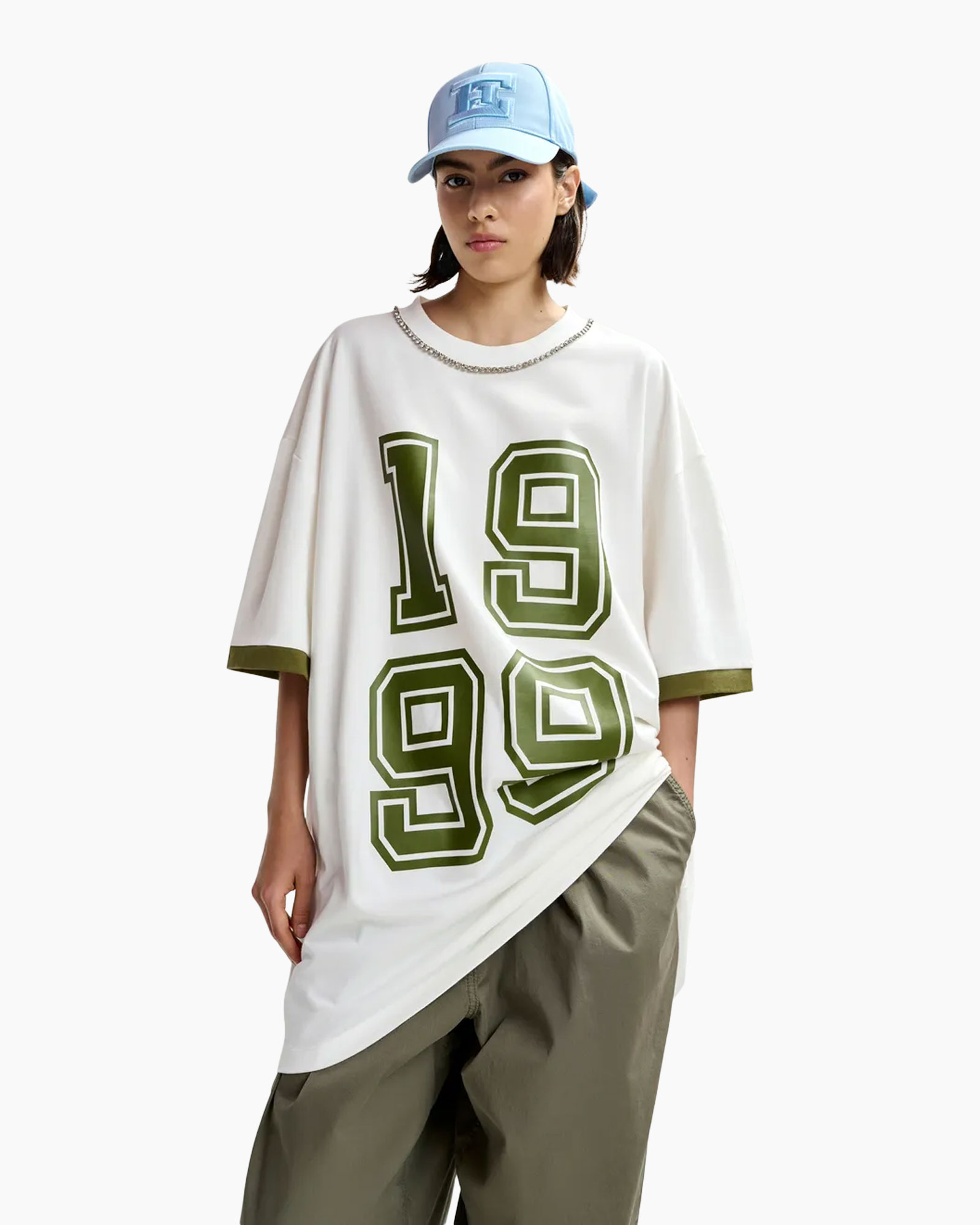 T-shirt, grafisch, oversized, nummers 19 99, olijfgroen