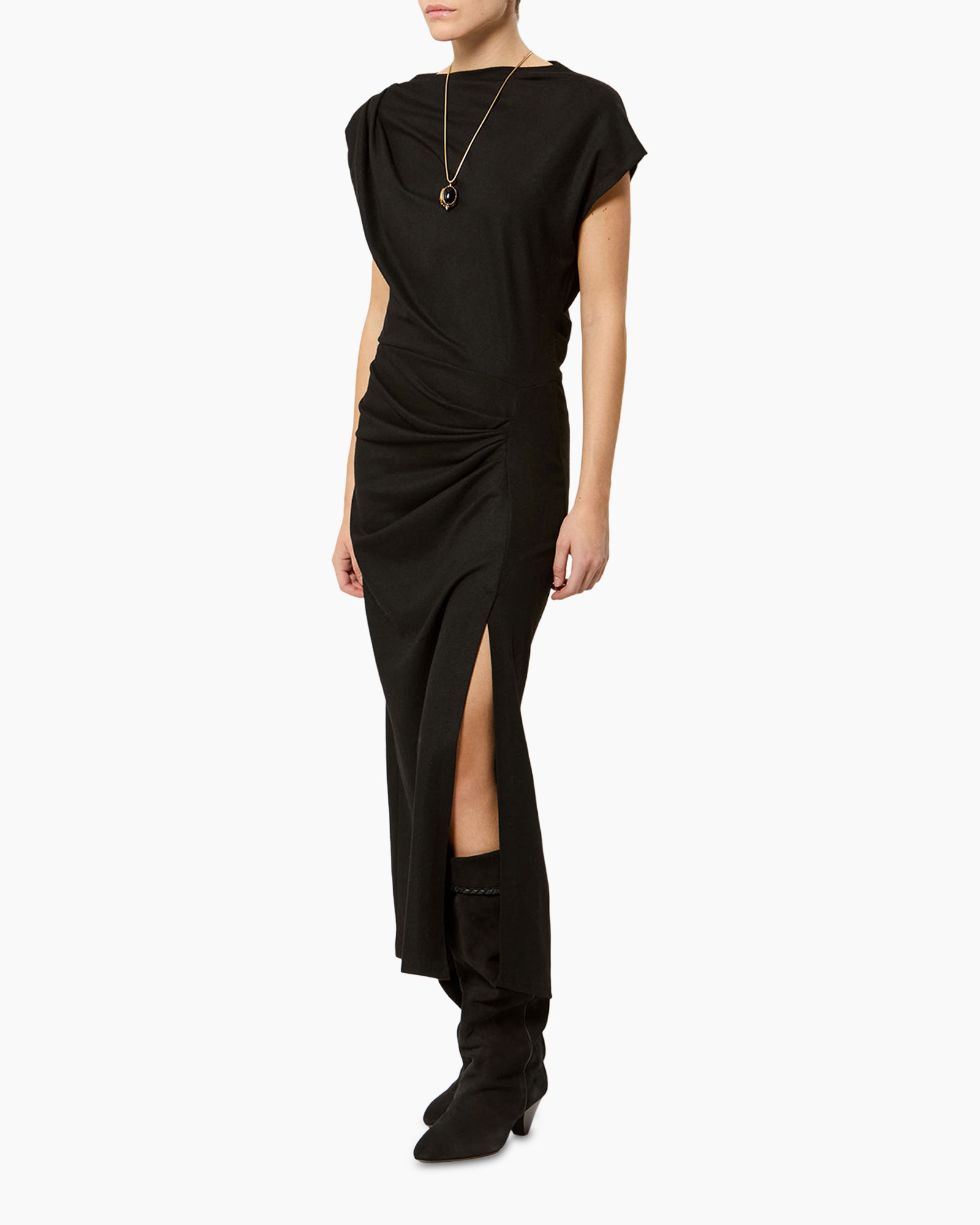 jurk, zwart, asymmetrisch, split, knee-high laarzen