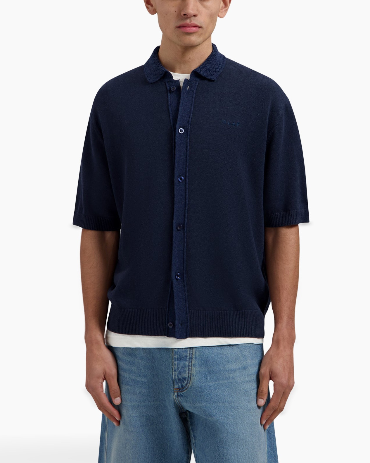 navy cardigan, half-sleeve, button-up, polyester blend, polo knit