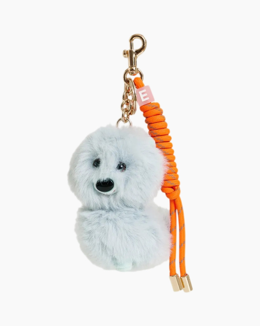 pompom, pluche hond, sleutelhanger, oranje koord, zachte vacht
