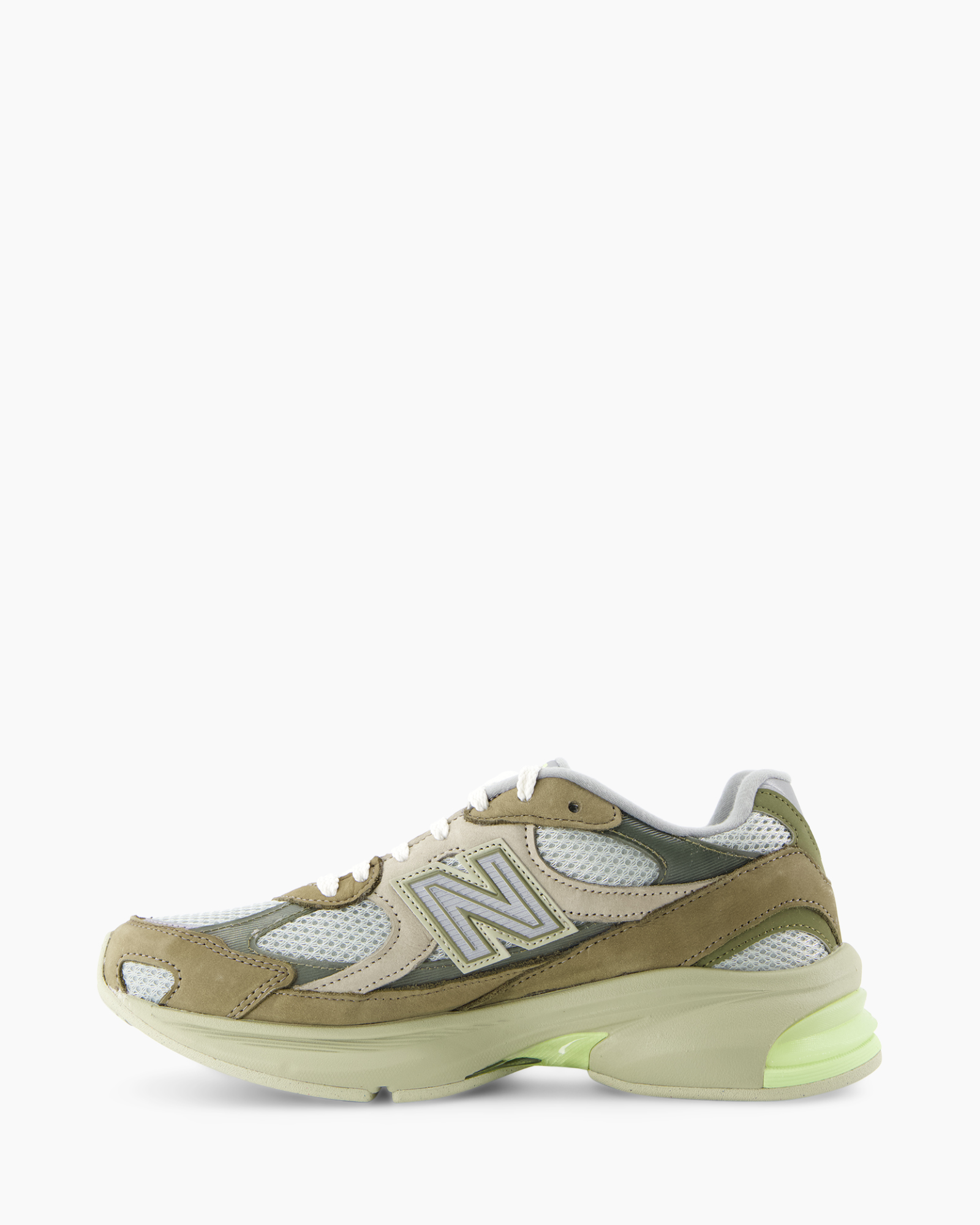 sneaker, mesh, tansubdued, grijs, neon groen zool