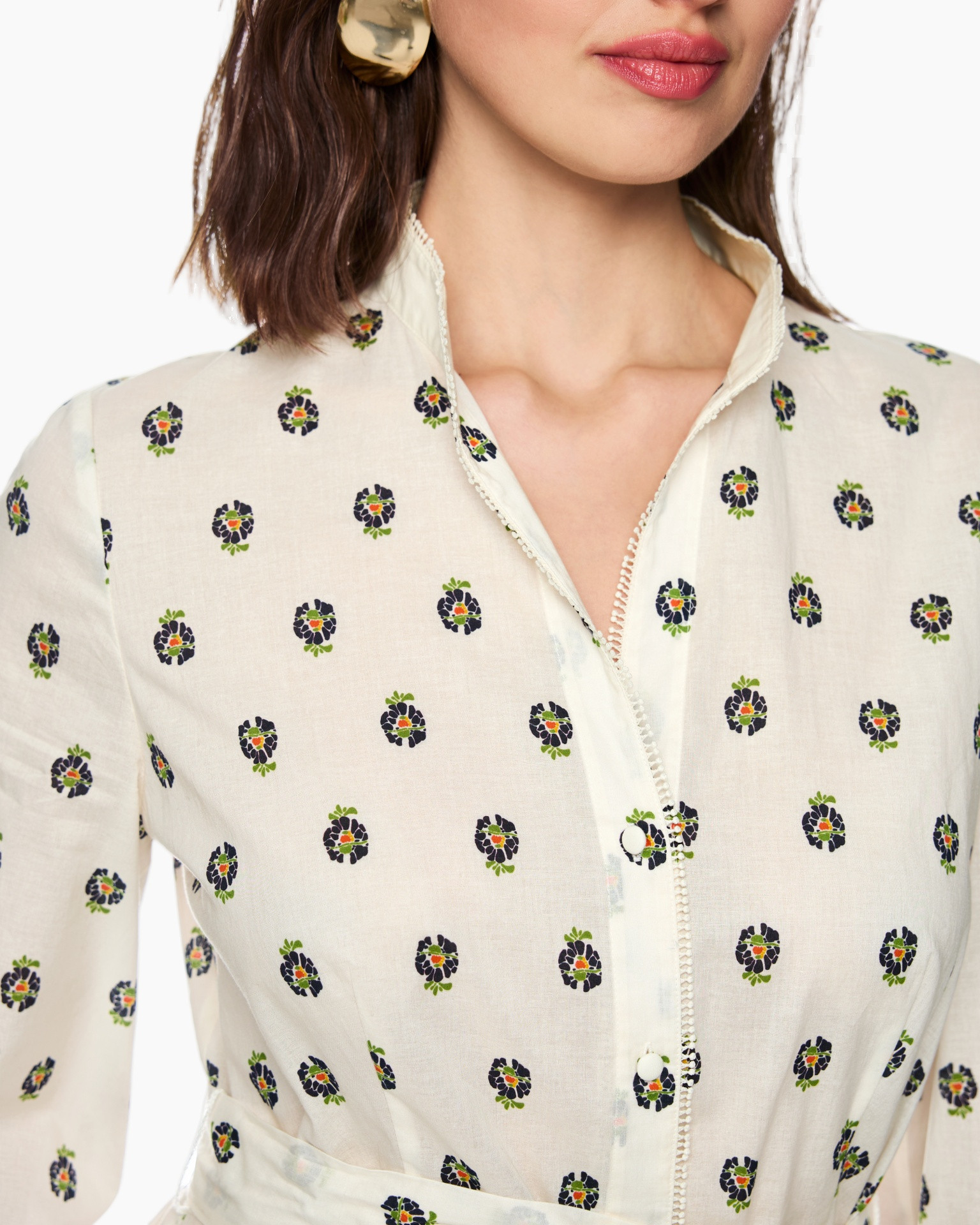 wrap dress, floral print, long dress, white dress, orange trim