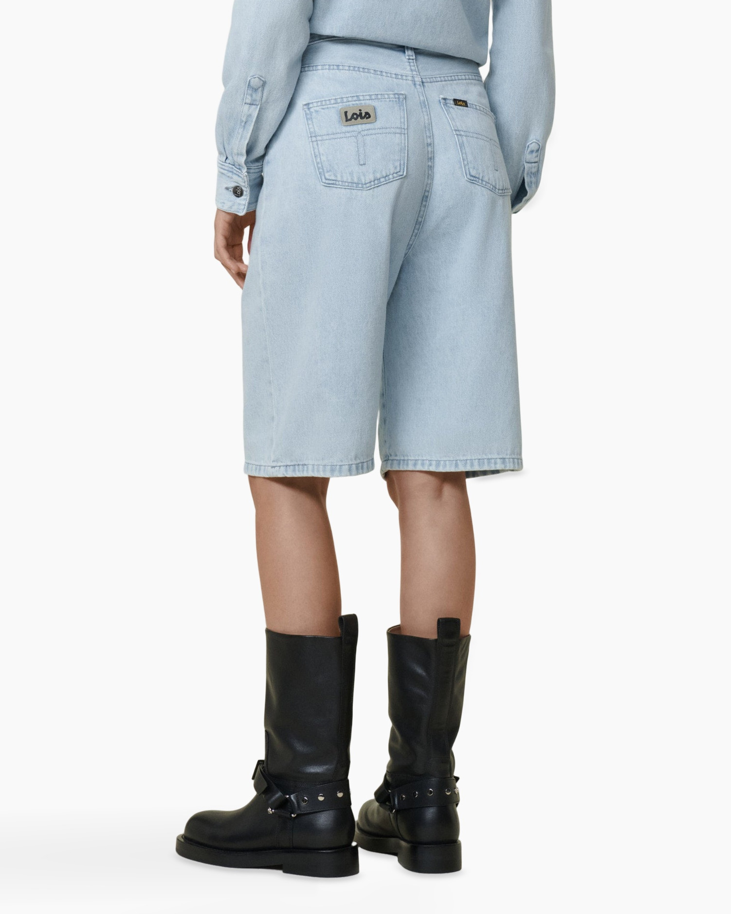 denim shorts, light wash, knee-length, high rise, mid calf boots