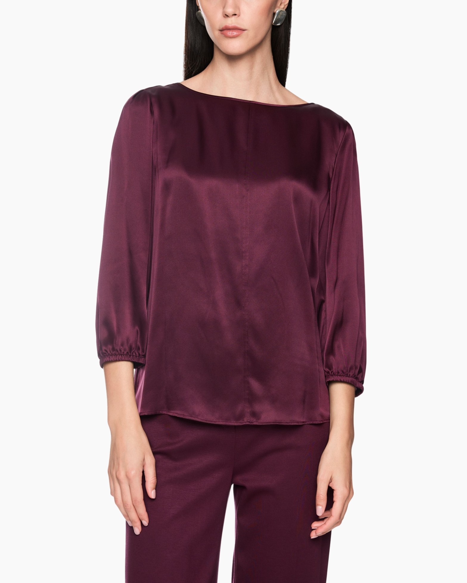 zijde, blouse, lange mouwen, effen, bordeaux