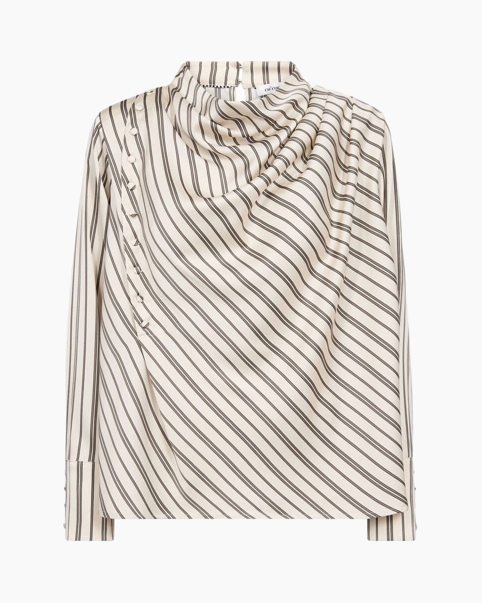 gestreept, blouse, hoge hals, knopen details, lange mouw